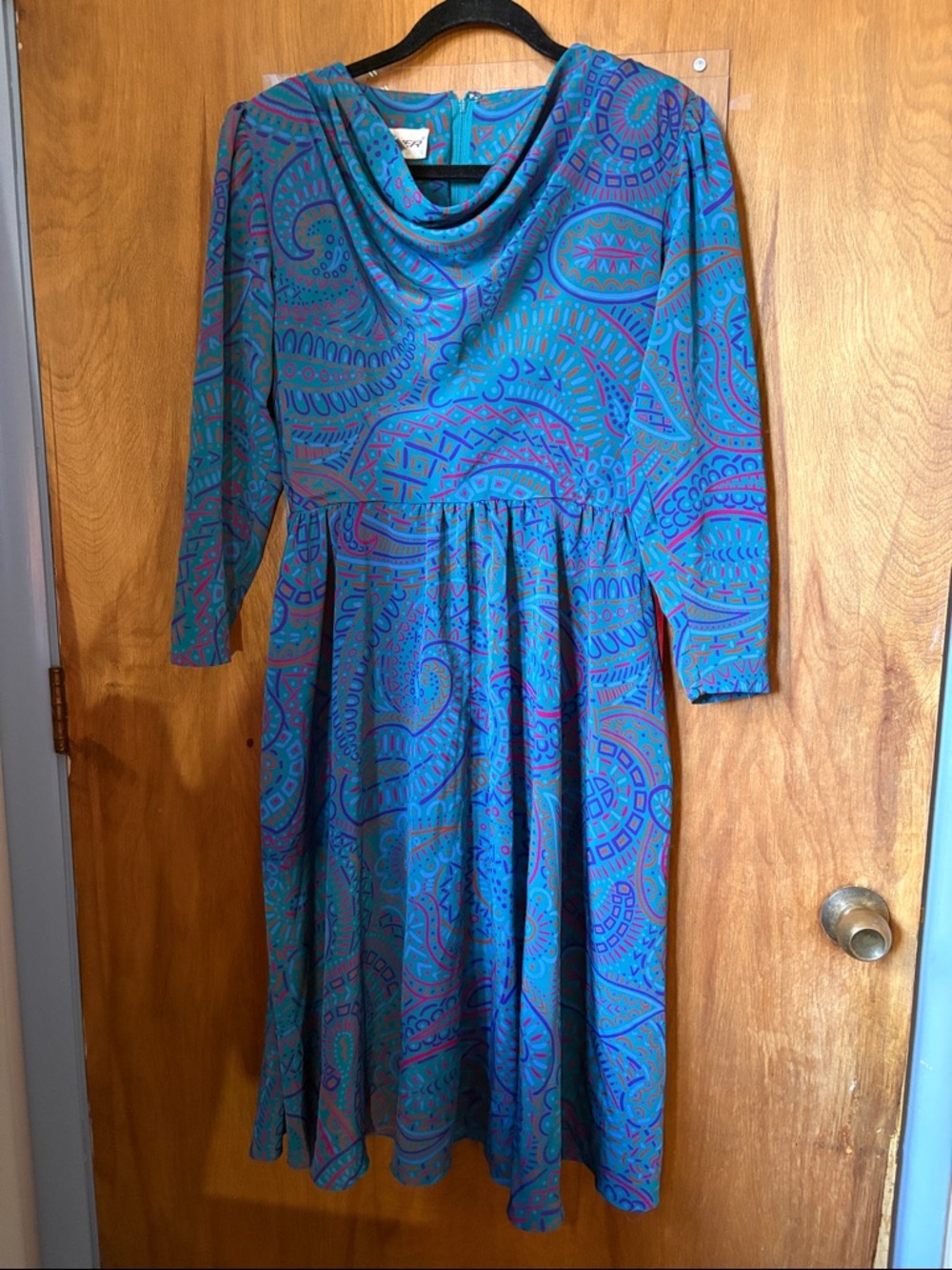 Vintage Tanner Teal Paisley Fit-and-Flare Dress with Cowl Neck